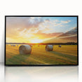 Framed wall art collection showcasing a serene countryside landscape, featuring vibrant green fields and a clear blue sky, presented in a sleek black frame.