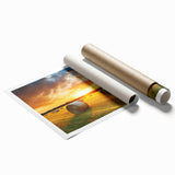 Serene countryside landscape wall art print showcasing lush green fields under a blue sky, rolled and ready for framing, perfect for home decor.