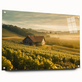 Acrylic glass wall art featuring a vibrant countryside landscape design, showcasing rolling hills and a serene sky, mounted with decorative pins for added elegance.