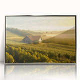 Framed wall art collection showcasing a serene countryside landscape design, featuring vibrant colors and intricate details, mounted in a sleek silver frame for modern decor.