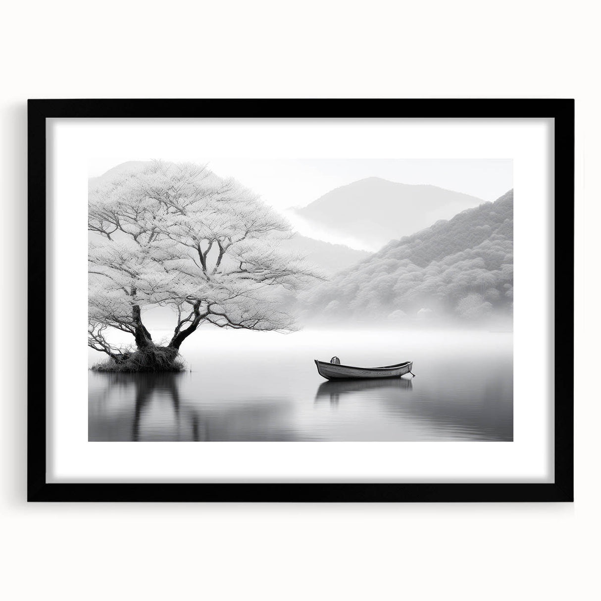 Framed wall art showcasing a serene countryside landscape design with a black mat, perfect for home decor. Ideal for adding a touch of nature to living spaces.