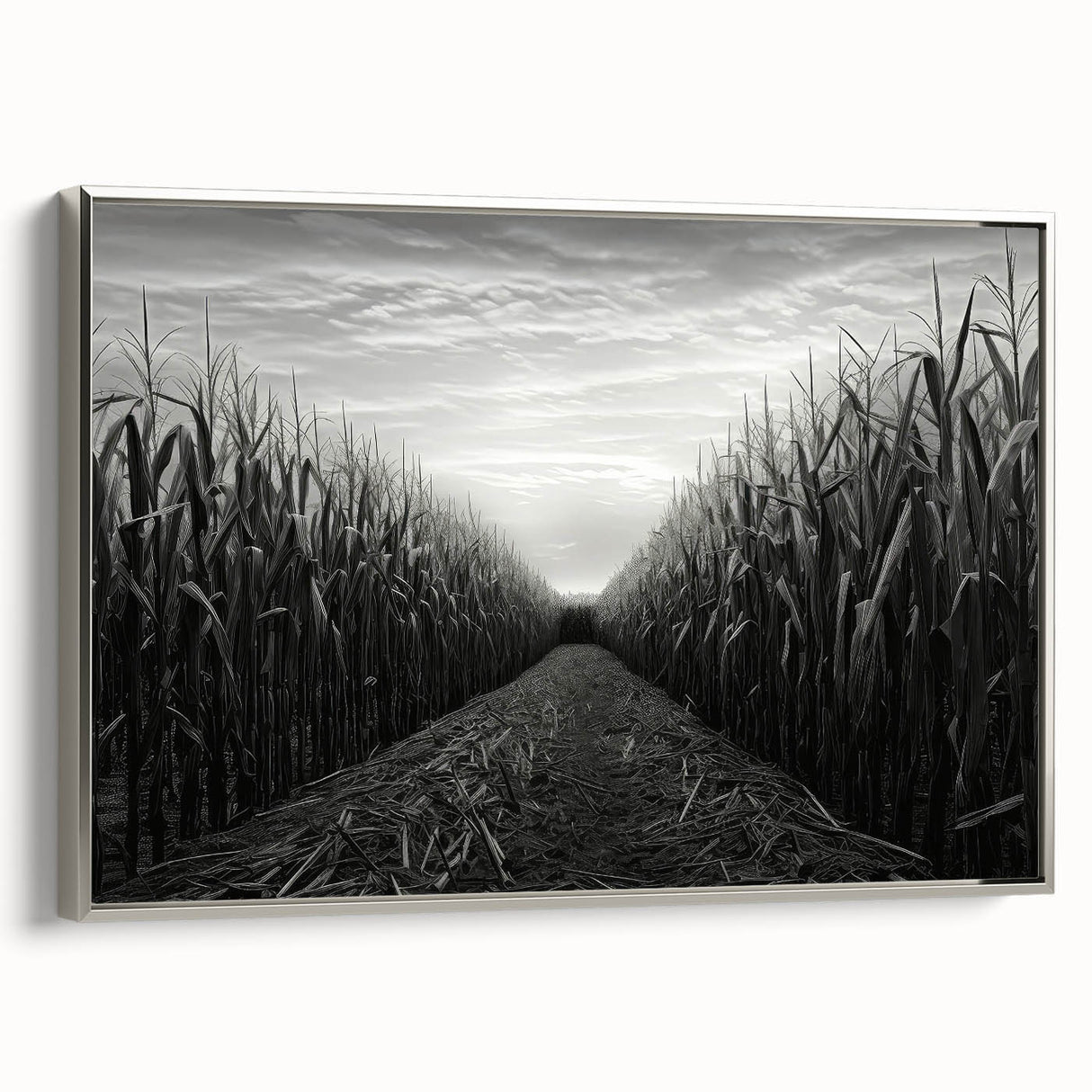 Framed canvas wall art showcasing a serene countryside landscape design with vibrant colors, elegantly displayed in a silver frame from the 24-piece collection.