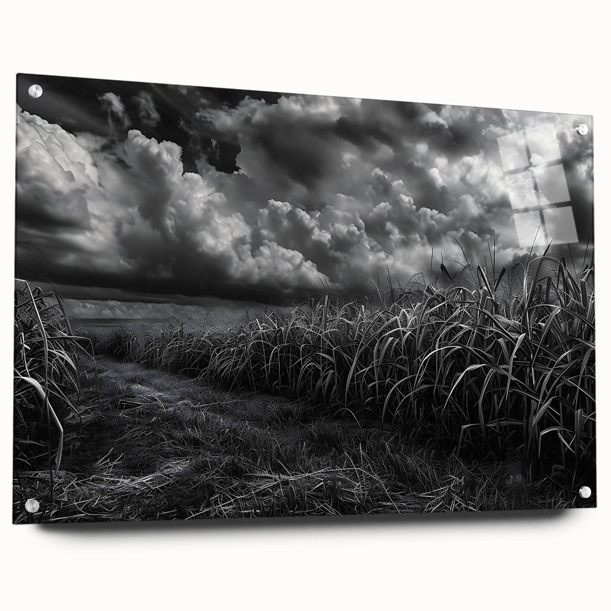 Acrylic glass wall art collection showcasing a vibrant countryside landscape design, featuring a side view display with decorative pins against a neutral background. Ideal for home decor enthusiasts seeking unique and colorful accents.