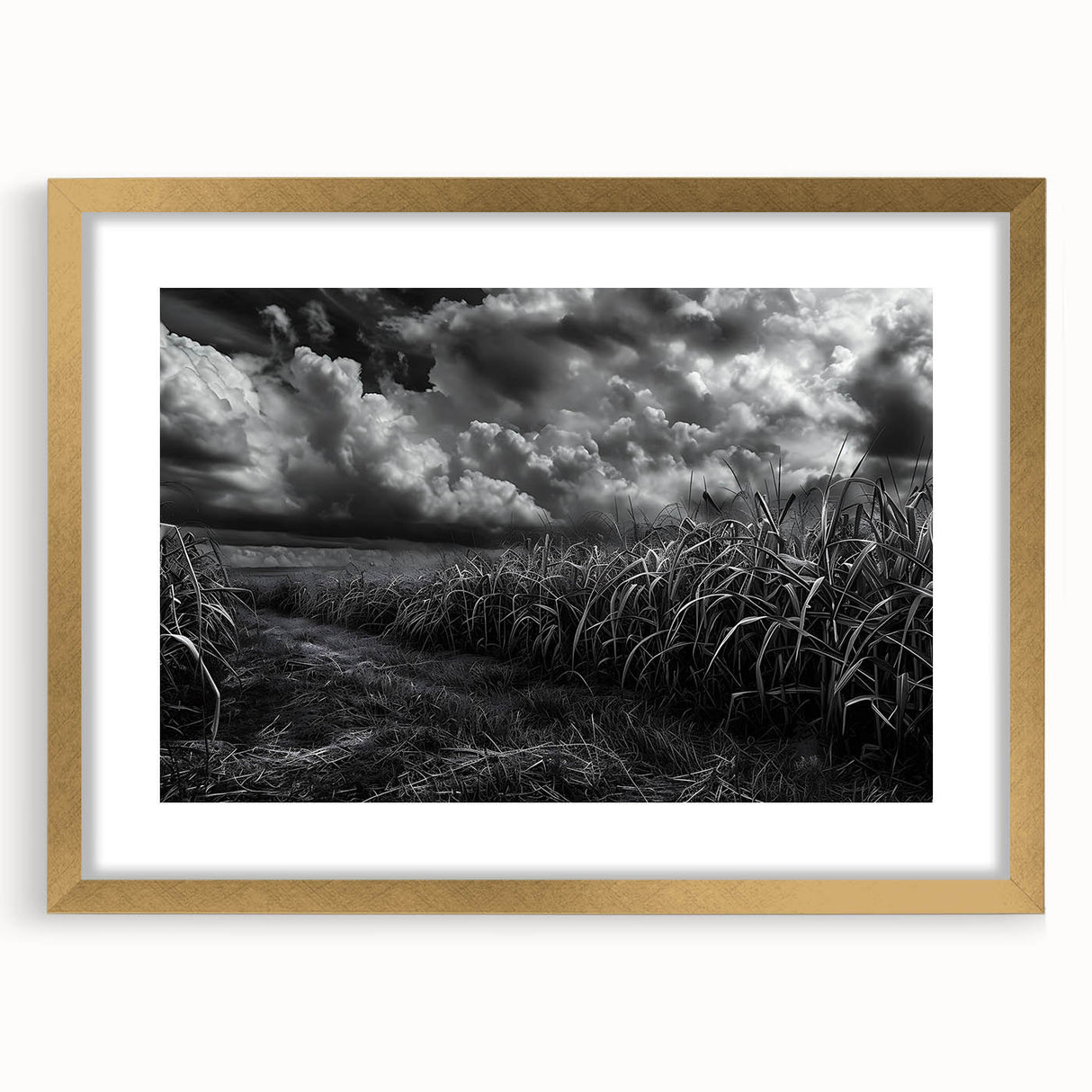 Elegant gold-framed wall art featuring a serene countryside landscape design, complete with a white mat, perfect for enhancing home decor and creating a calming atmosphere.