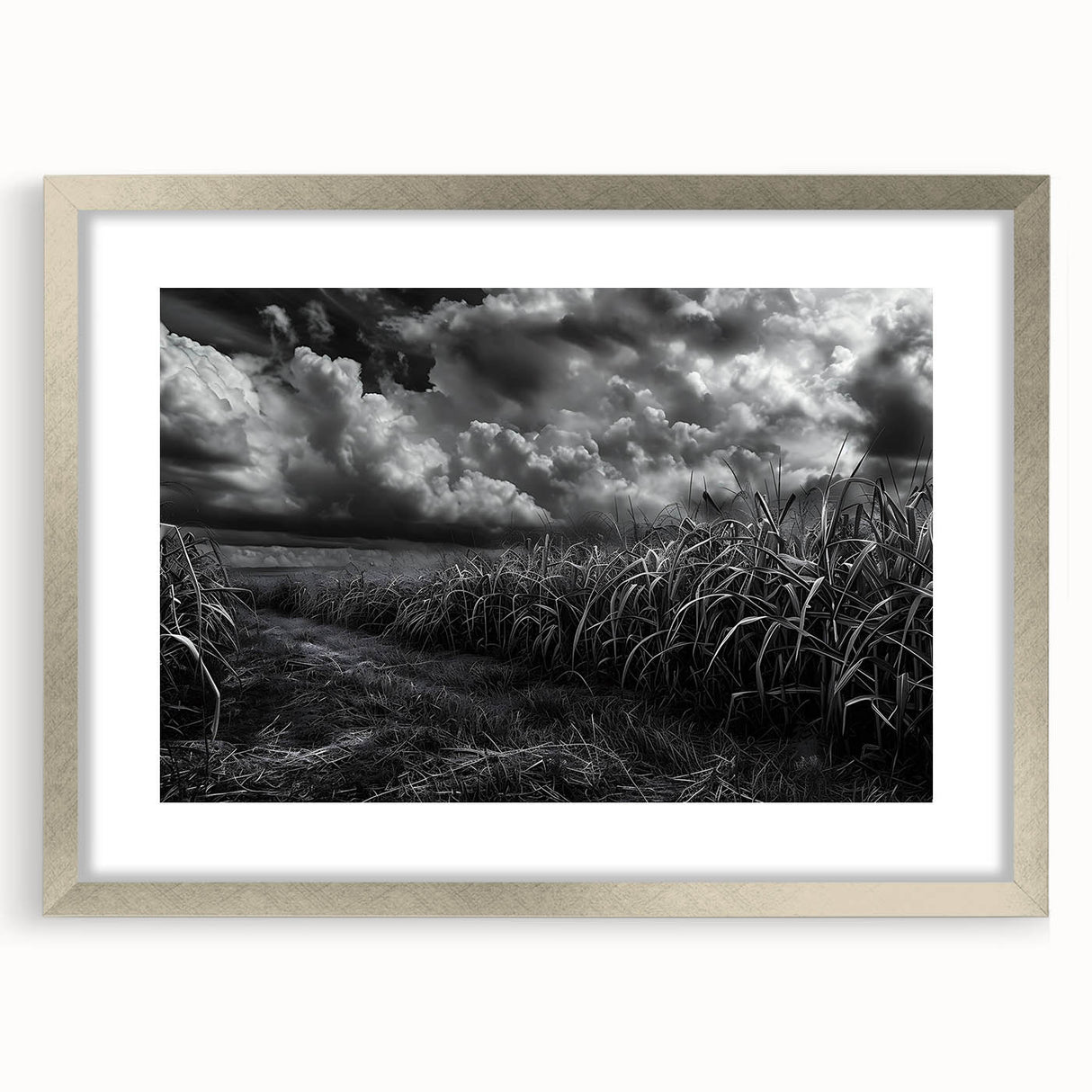 Framed wall art collection showcasing a serene countryside landscape with vibrant greens and a silver mat, ideal for home décor enhancement and artistic ambiance.