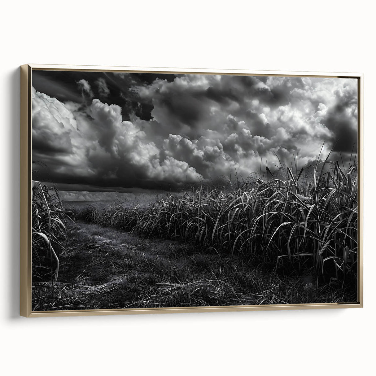 Framed canvas wall art featuring a serene countryside landscape design with gold accents, showcasing rolling hills and vibrant greenery, perfect for home decor.