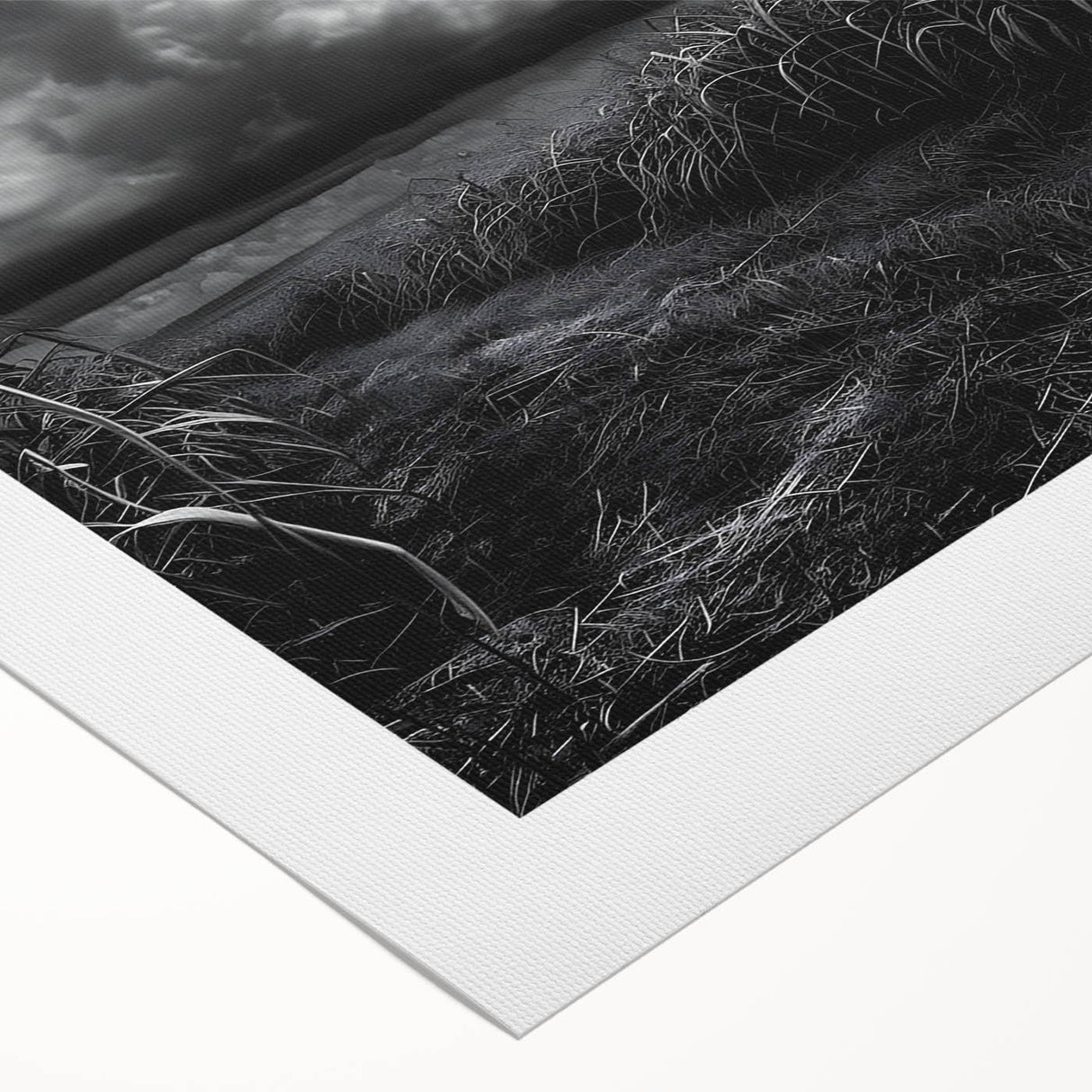Rolled canvas artwork showcasing a vibrant countryside landscape design, featuring lush green fields, a serene blue sky, and distant hills, perfect for home decor.