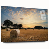 Acrylic glass wall art collection showcasing a serene countryside landscape with vibrant colors, ideal for home decor. Side view highlights its sleek design without pins.