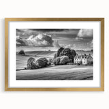 Framed wall art collection showcasing serene countryside landscapes, featuring a gold mat and elegant frame, ideal for enhancing home decor with nature-inspired aesthetics.