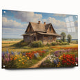 Acrylic glass wall art showcasing a vibrant countryside landscape design with intricate details, displayed in a side view, featuring elegant pins for mounting. Ideal for enhancing home decor with a touch of nature-inspired elegance.