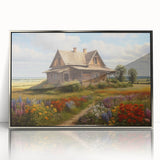 Framed wall art showcasing a serene countryside landscape, featuring vibrant green fields and a clear blue sky, elegantly displayed in a sleek silver frame, perfect for home decor.