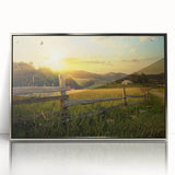 Framed wall art piece showcasing a serene countryside landscape with vibrant greenery and a tranquil sky, designed to enhance any living space decor.