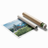 Rolled print showcasing a vibrant countryside landscape design, featuring lush green fields, blue skies, and rolling hills, ideal for home decor and art enthusiasts.