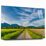 Acrylic wall art showcasing a serene countryside landscape design with vibrant green fields and a clear blue sky, displayed in a side view without pins. Perfect for home decor enthusiasts seeking nature-inspired artwork.