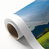 Vibrant rolled canvas showcasing a serene countryside landscape design, perfect for home decor, featuring lush greenery and soft pastel skies, elegantly packaged for delivery.