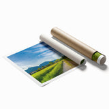 Vibrant rolled print of a serene countryside landscape featuring rolling hills, lush greenery, and a cloudy blue sky, ideal for home decor and art enthusiasts.