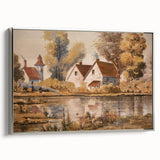 Framed canvas wall art showcasing a serene countryside landscape design, featuring vibrant green fields and a tranquil sky, elegantly bordered with a silver frame.