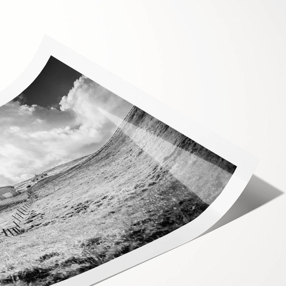 Rolling countryside landscape wall art print showcasing vibrant green fields, majestic mountains, and a serene sky, perfect for home decor and art enthusiasts.
