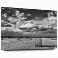 Acrylic glass wall art piece showcasing a serene countryside landscape, featuring vibrant green fields and a clear blue sky, complemented by decorative pins for easy hanging.