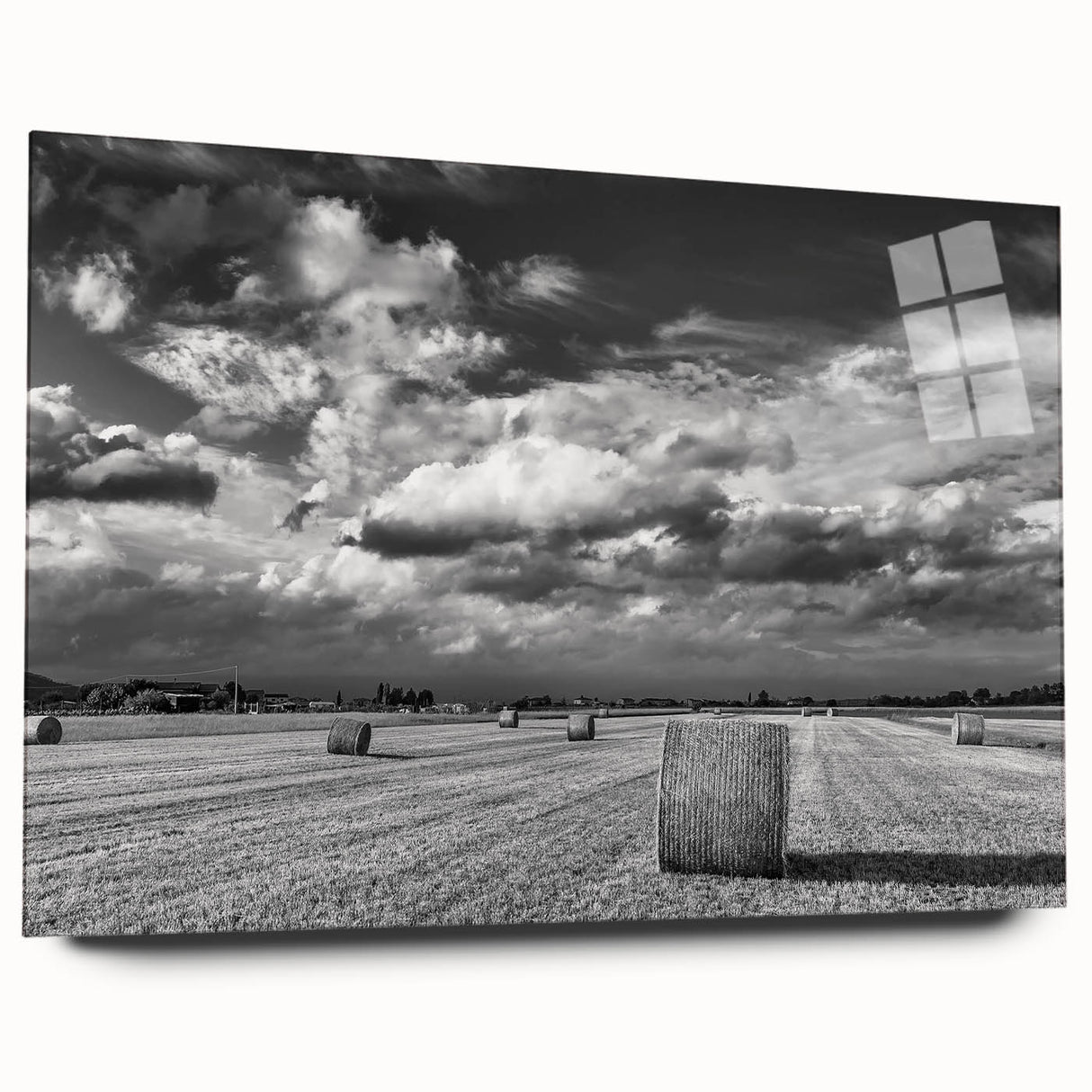 Acrylic glass wall art showcasing a serene countryside landscape design with vibrant greens and blues, framed elegantly for modern home decor. Perfect for enhancing living spaces with a touch of nature.