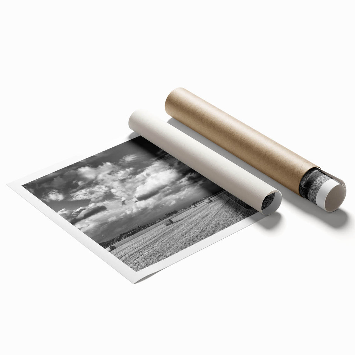 Vibrant countryside landscape wall art print featuring rolling hills, lush greenery, and a bright blue sky, rolled and ready for display, perfect for home decor.