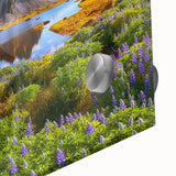 Close-up of a vibrant acrylic landscape wall art piece showcasing a serene countryside scene, featuring lush greenery and a clear blue sky, ideal for home décor.