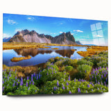Acrylic glass wall art collection depicting a serene countryside landscape, showcasing vibrant green fields, rolling hills, and a clear blue sky, perfect for home decor.