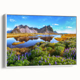 Framed canvas wall art showcasing a serene countryside landscape with rolling hills and a vibrant sunset, presented from a white side view for an elegant display.
