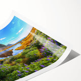Rolled print showcasing a serene countryside landscape with vibrant green fields and a clear blue sky, designed for wall art decoration and home ambiance.