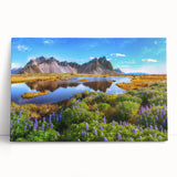 Stretched canvas artwork featuring a serene countryside landscape design, showcasing lush green fields and a tranquil sky, ideal for home decor and interior design.
