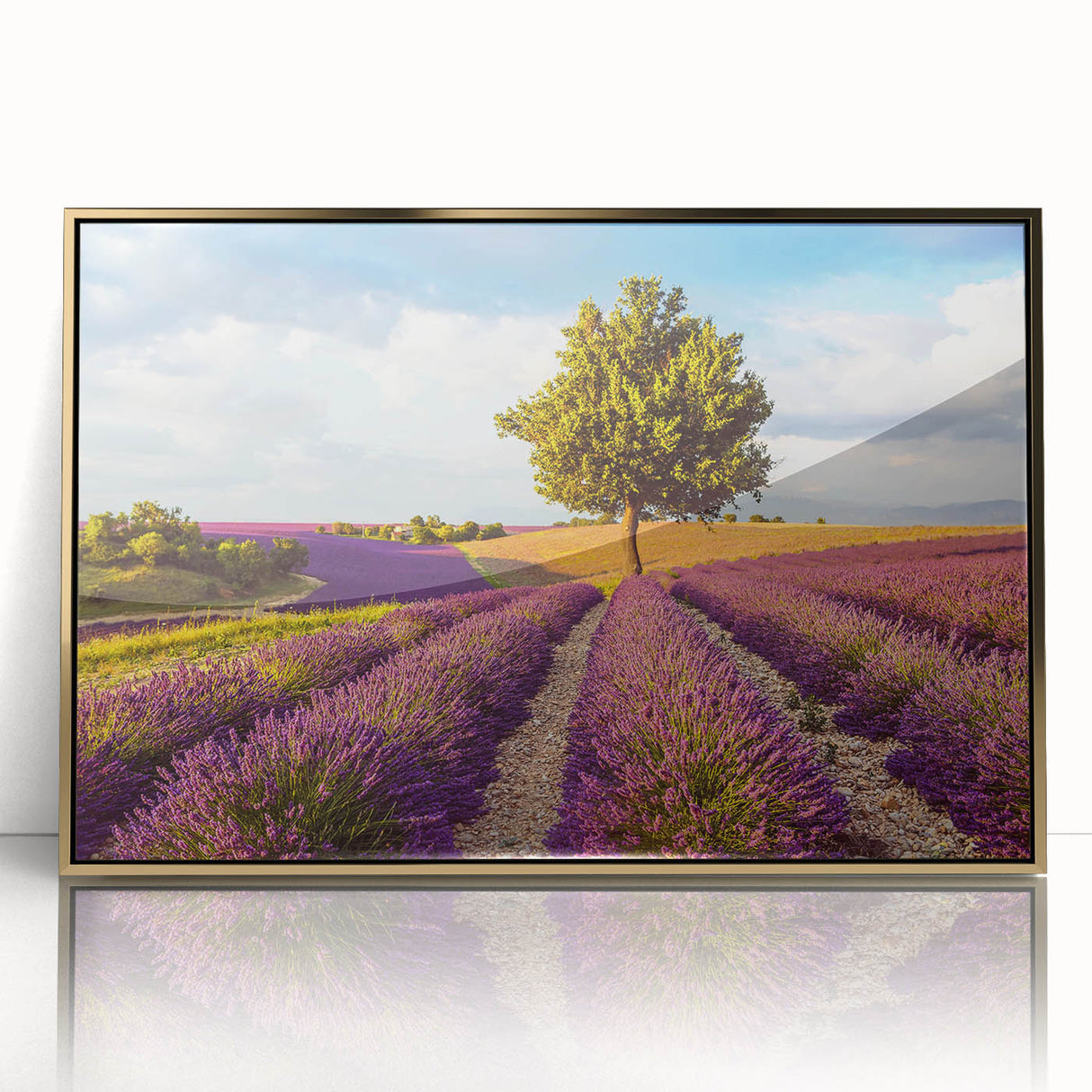 Framed acrylic wall art collection showcasing a vibrant countryside landscape design with golden accents, perfect for enhancing home décor and adding elegance.