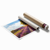 Serene countryside landscape wall art print showcasing rolling hills, vibrant green fields, and a clear blue sky, rolled and ready for framing or display.