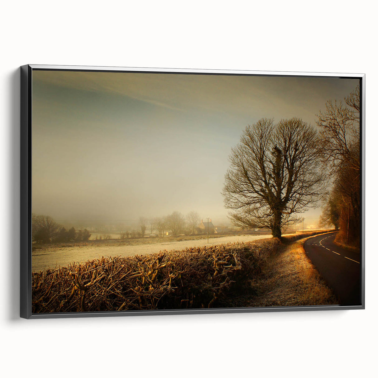 Framed wall art collection showcasing a serene countryside landscape design, featuring vibrant colors and intricate details, presented in a sleek black frame for a modern touch.