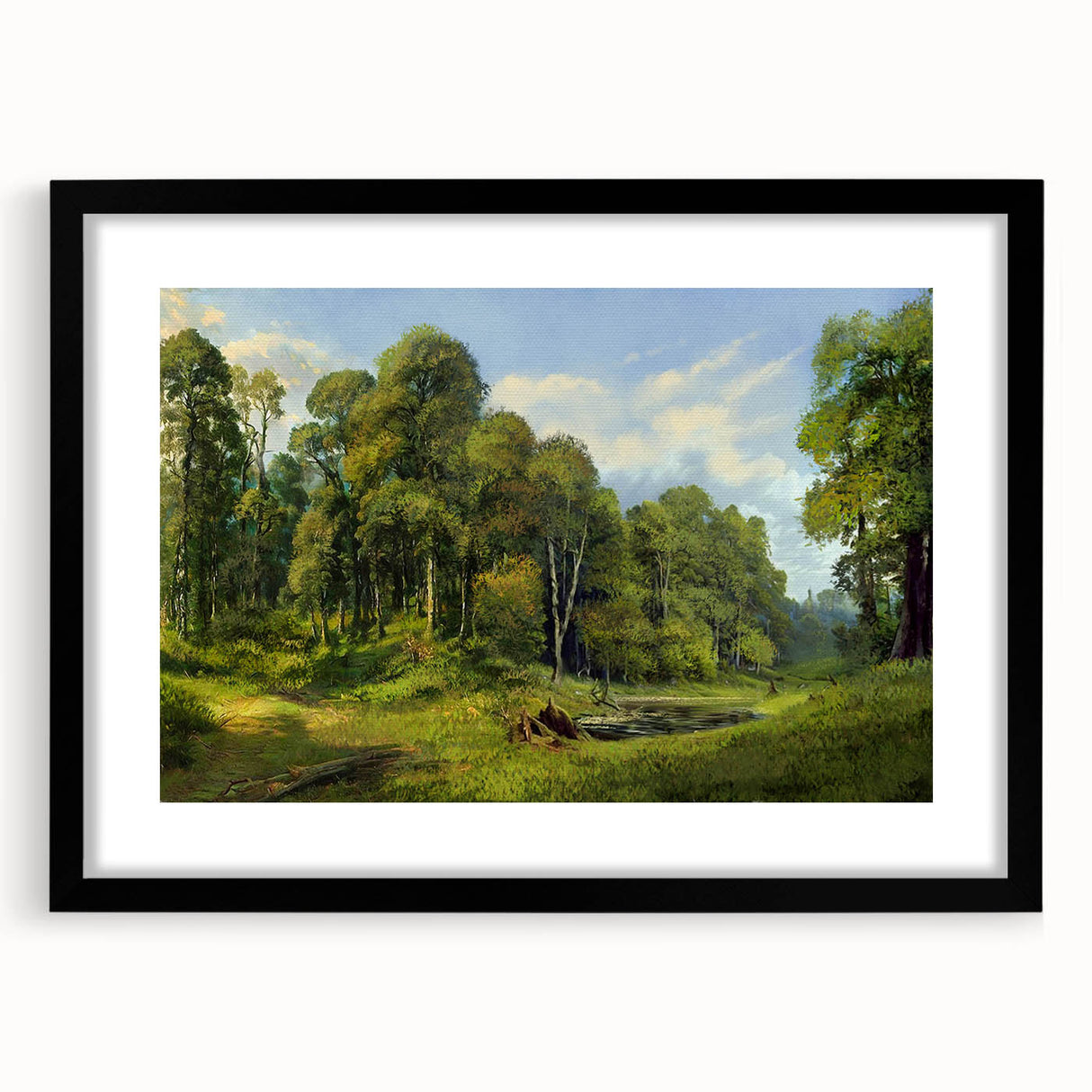 Framed black wall art featuring a picturesque countryside landscape design with a matte finish, ideal for adding a rustic charm to home decor.