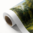 Rolled canvas print showcasing a serene countryside landscape design, featuring vibrant greens and soft blues, ideal for home decor in a rustic setting.