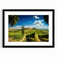 Framed wall art collection showcasing a picturesque countryside landscape in vibrant colors, featuring a black frame and mat, ideal for home decor.