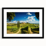 Framed wall art collection showcasing a picturesque countryside landscape in vibrant colors, featuring a black frame and mat, ideal for home decor.