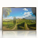 Framed acrylic wall art depicting a serene countryside landscape with vibrant green fields and a golden sunset, perfect for enhancing home decor in a rustic setting.