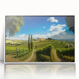 Framed wall art collection featuring a serene countryside landscape design, showcasing vibrant greenery and a peaceful blue sky, perfect for home decor.