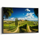 Framed wall art featuring a serene countryside landscape design with vibrant colors, displayed from a black side view, perfect for home decor enhancement.