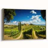 Framed canvas wall art showcasing a serene countryside landscape with golden accents. The artwork is designed to enhance interior decor, adding warmth and elegance.