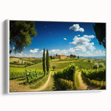 Framed canvas wall art showcasing a serene countryside landscape with lush green fields and a tranquil sky, designed to enhance home decor with natural beauty.