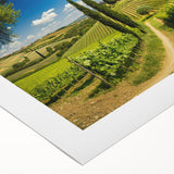 Beautiful rolled canvas wall art depicting a serene countryside landscape with lush green fields and a vibrant blue sky, perfect for home decor and enhancing interior spaces.