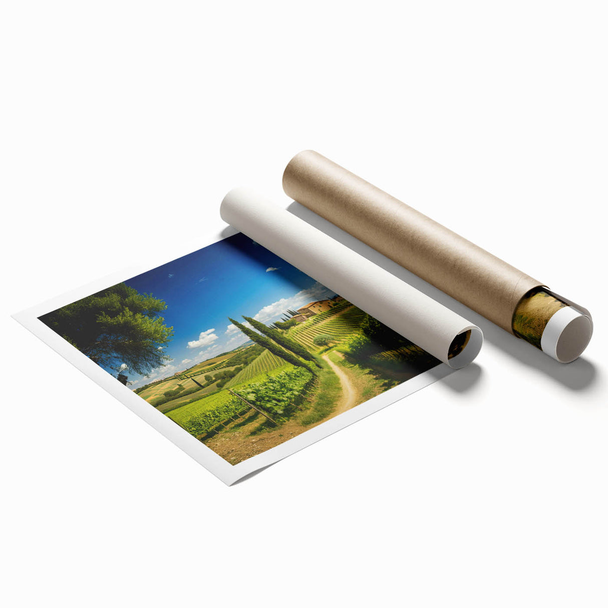 Scenic countryside landscape design wall art print showcasing rolling hills and vibrant greenery, ideal for home decor, presented in a rolled format for easy framing.
