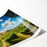 Vibrant rolled print of a serene countryside landscape, showcasing rolling hills and a sunset sky, ideal for home decor and wall art collection.