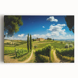 Stretched canvas wall art showcasing a serene countryside landscape with vibrant green fields and a clear blue sky, ideal for home decor and nature enthusiasts.