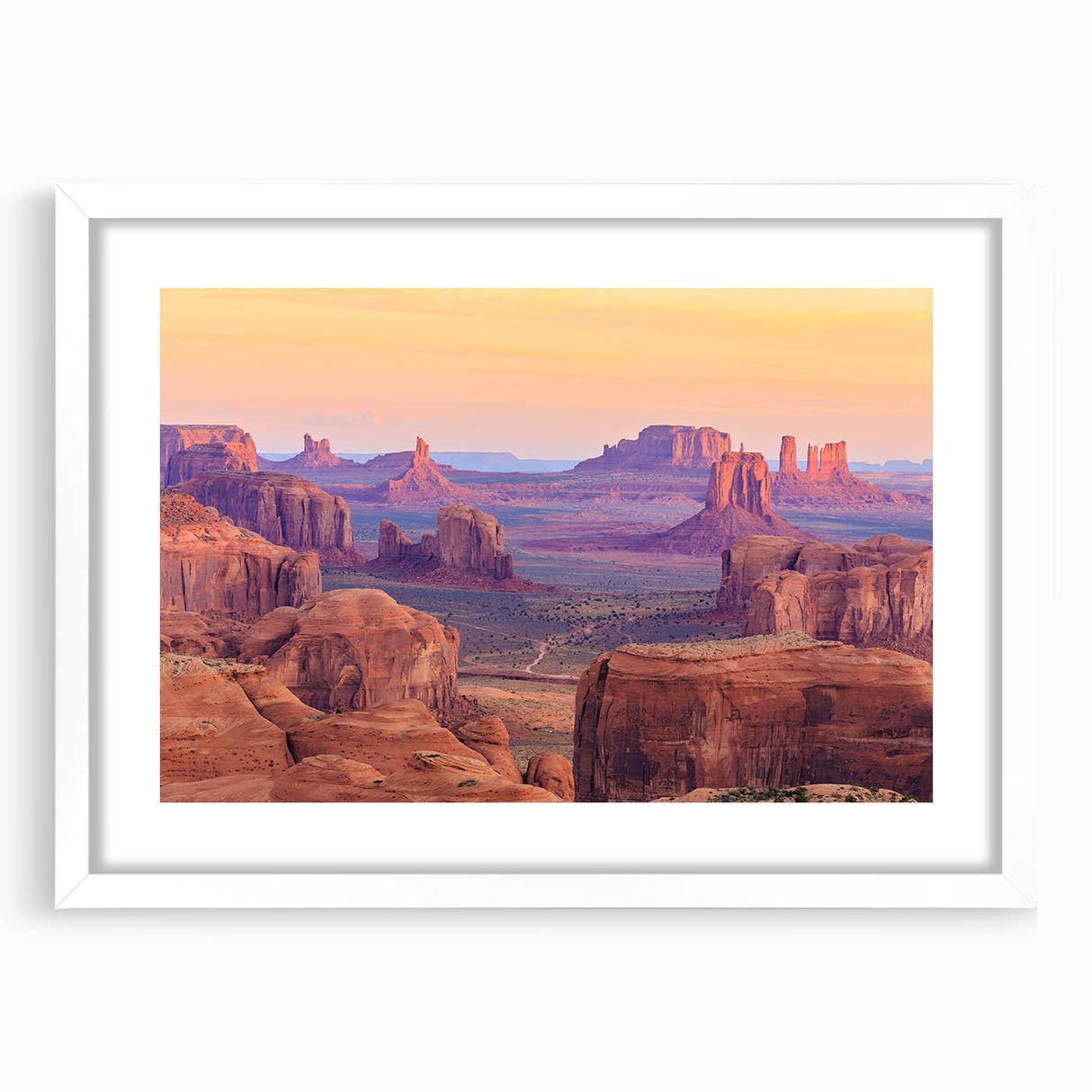 Desert landscape wall art collection featuring a framed design with a white mat, showcasing warm tones and serene imagery, perfect for home decor enhancement.