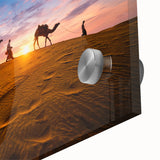 Close-up of a vibrant desert landscape wall art design featuring warm earth tones and abstract shapes, displayed on sleek acrylic glass for modern decor.
