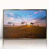 Framed acrylic wall art depicting a stunning desert landscape design with gold accents, ideal for modern home decor, showcasing vibrant colors and intricate details.