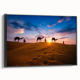 Framed canvas wall art depicting a vibrant desert landscape with warm earth tones, showcasing a black frame and side view for artistic display. Ideal for modern home decor.